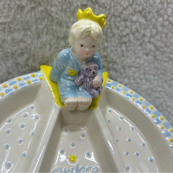 Mud Pie kids plate divided and cup ceramic Prince blue & yellow handcrafted - Picture 2 of 14